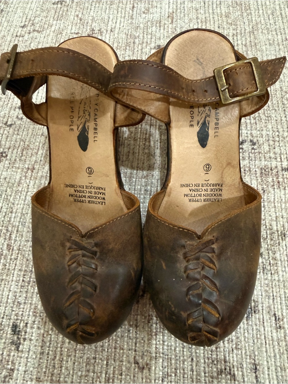 Free People Brown Braided Leather Clog Mules with Ankle Strap